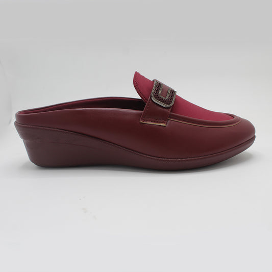 STEPLAR Burgundy Mule Wedge with Rhinestone Buckle