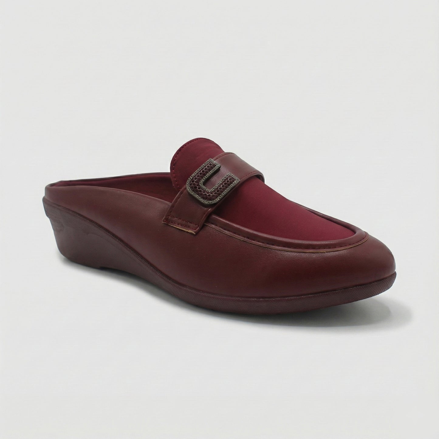 STEPLAR Burgundy Mule Wedge with Rhinestone Buckle